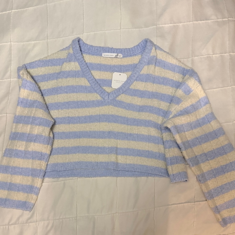 Altar'd State Blue and Cream Striped V-Neck Sweater NWT